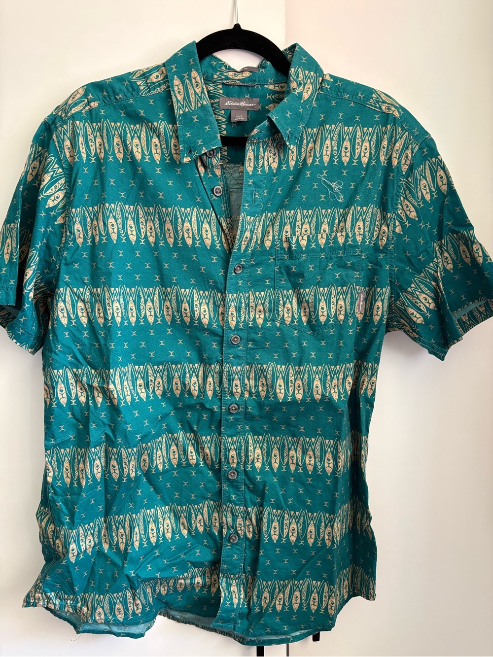 Eddie Bauer Teal Short-Sleeve Button-Down with Cream Surfboard Pattern